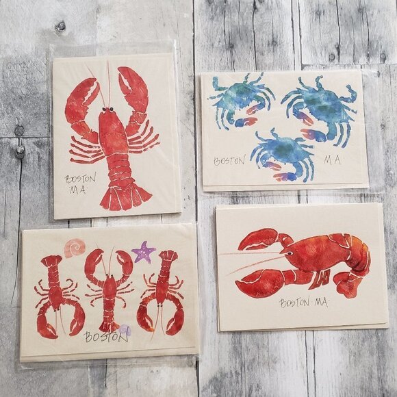 Set of 4 Hand Printed Lobster/Crab Prints Boston Cards + Matching Envelopes - Picture 1 of 4
